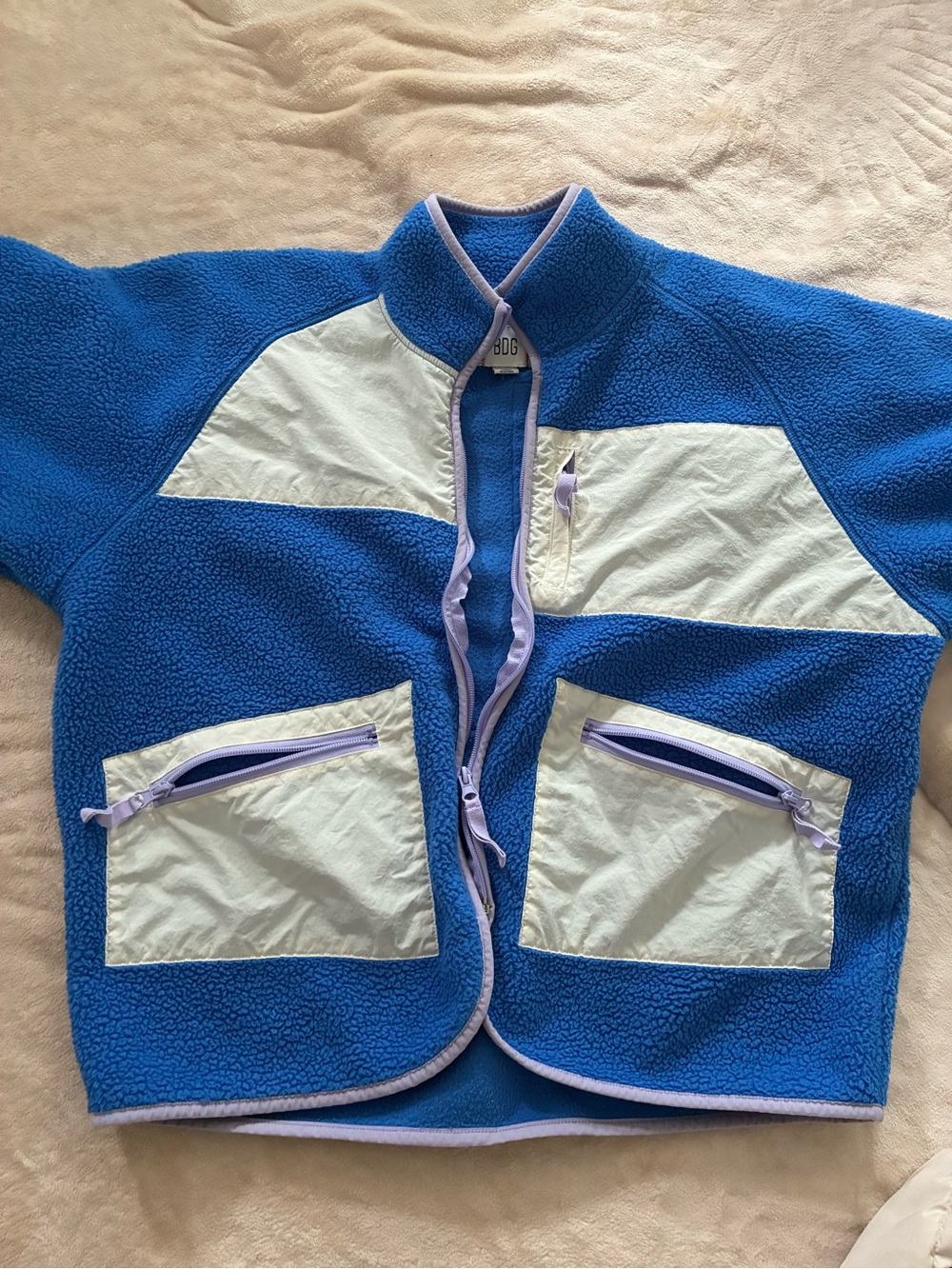 BDG Blue Fleece Puffer Jacket with Cream Panels